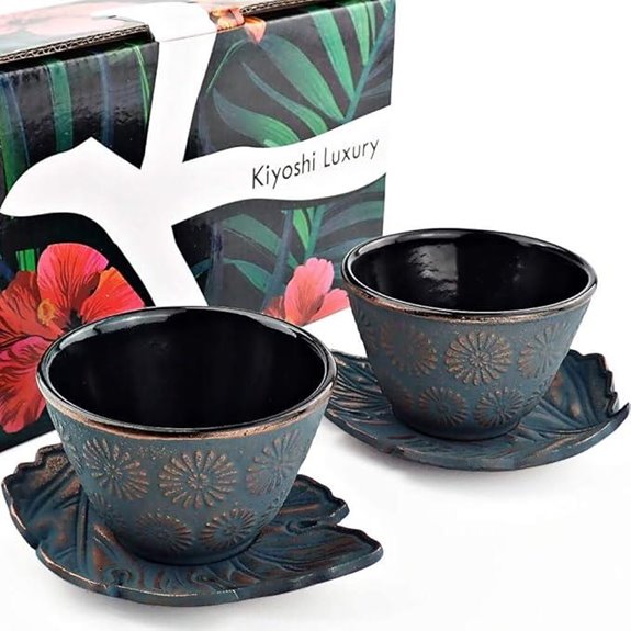 Japanese Tea Cups Set (4) with Saucers 4oz Cast Iron Tea Cups
