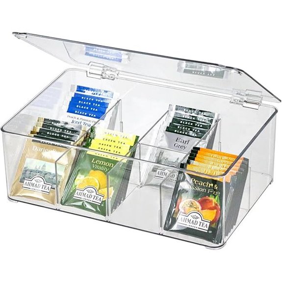 Clear Tea Bag Organizer with Removable Dividers Lid